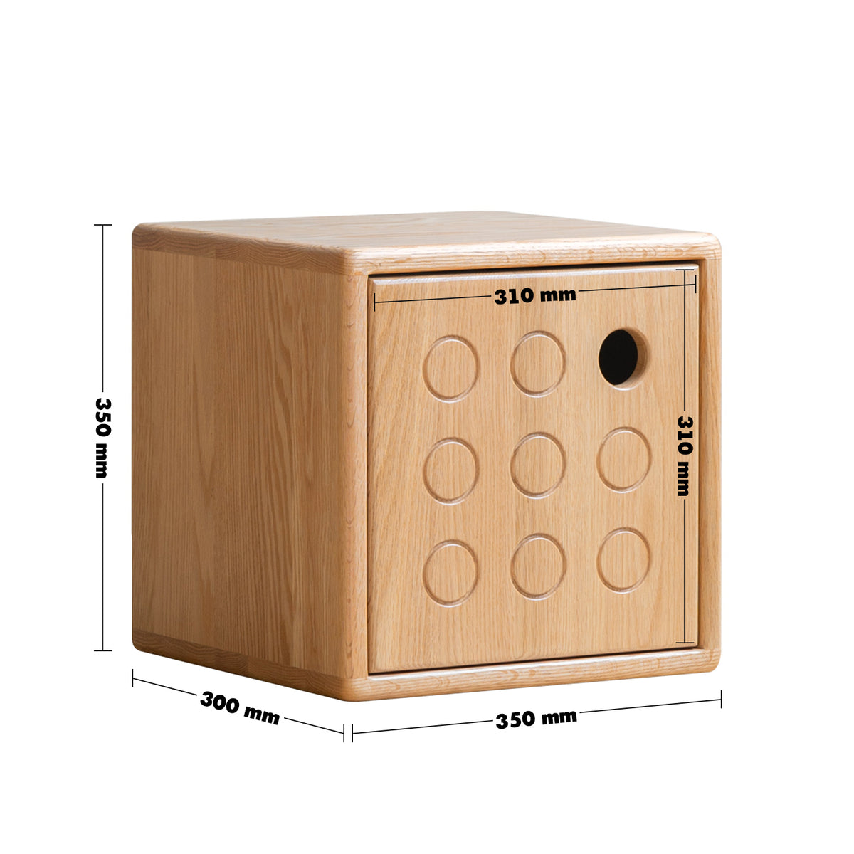 Scandinavian oak wood modular storage cabinet dice size charts.