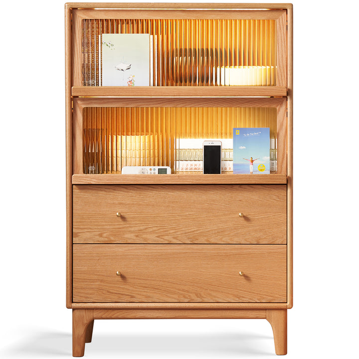 Scandinavian oak wood moru glass chest of drawers cabinet glow in white background.