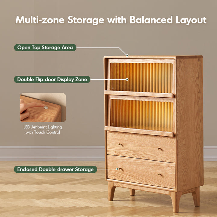 Scandinavian oak wood moru glass chest of drawers cabinet glow in panoramic view.