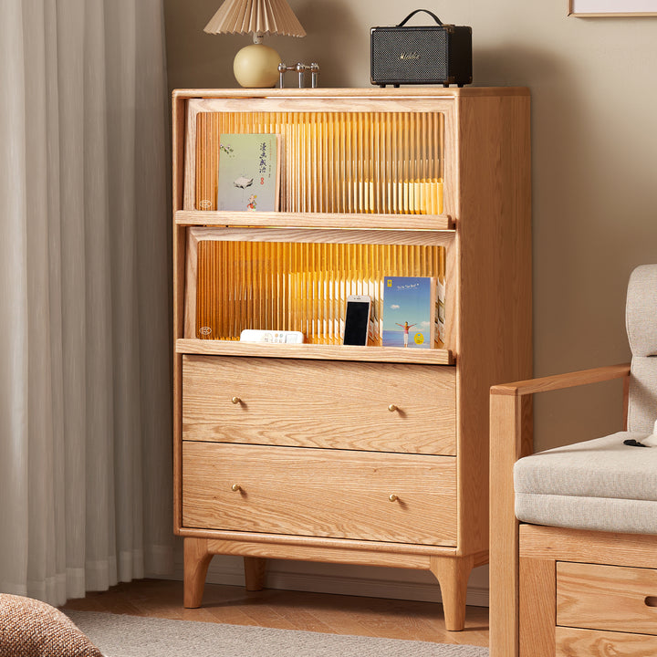 Scandinavian oak wood moru glass chest of drawers cabinet glow primary product view.