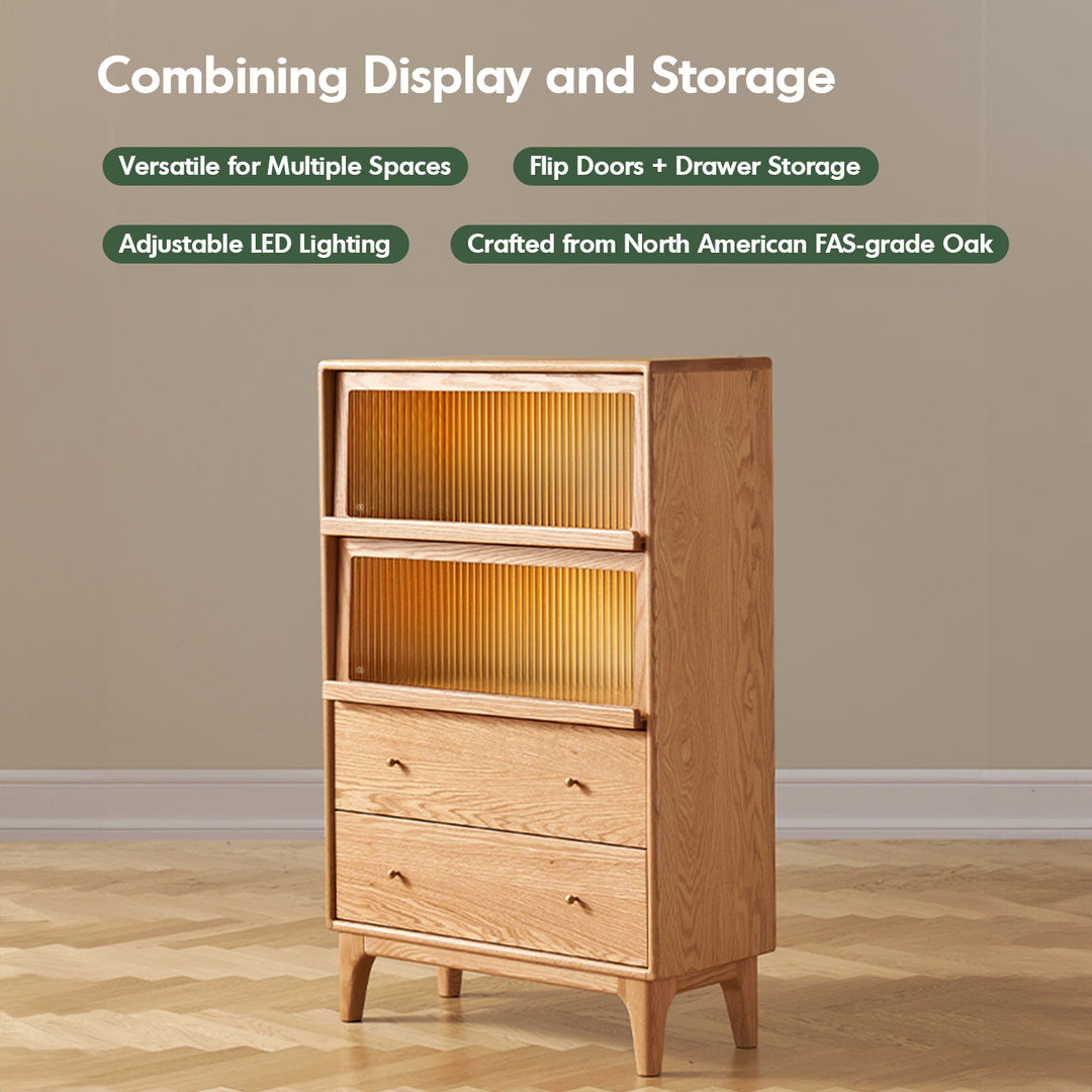 Scandinavian oak wood moru glass chest of drawers cabinet glow in real life style.