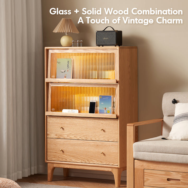 Scandinavian oak wood moru glass chest of drawers cabinet glow with context.