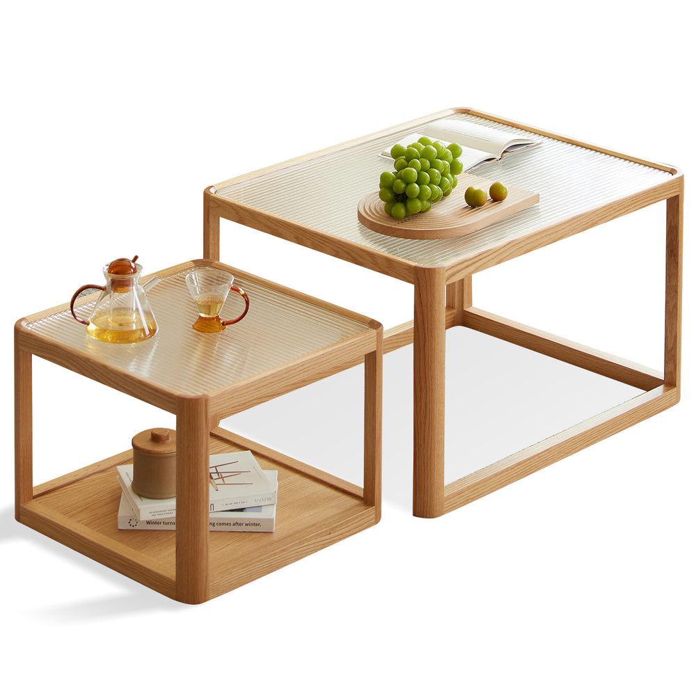 Scandinavian oak wood moru glass coffee table set glint in white background.