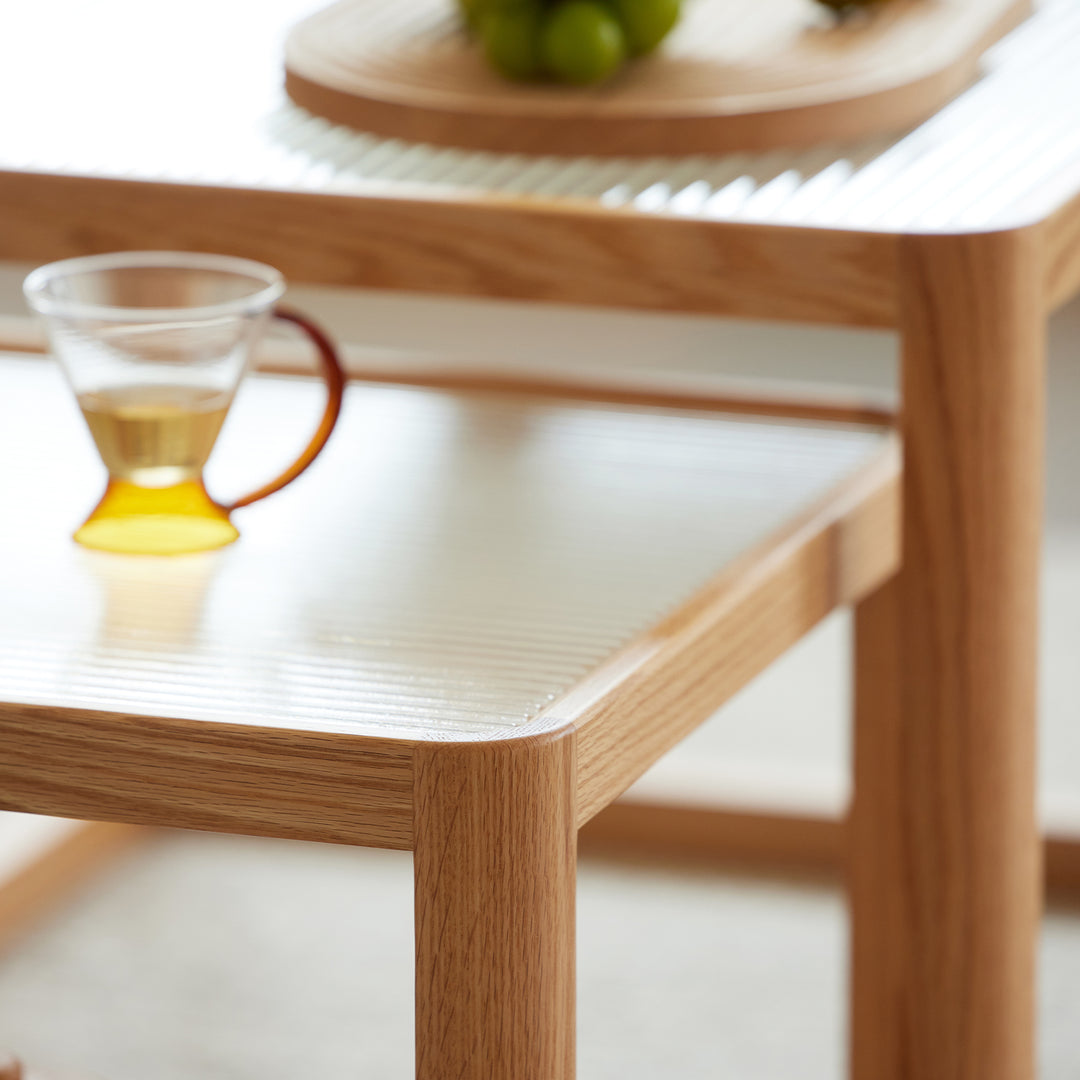 Scandinavian oak wood moru glass coffee table set glint detail 4.