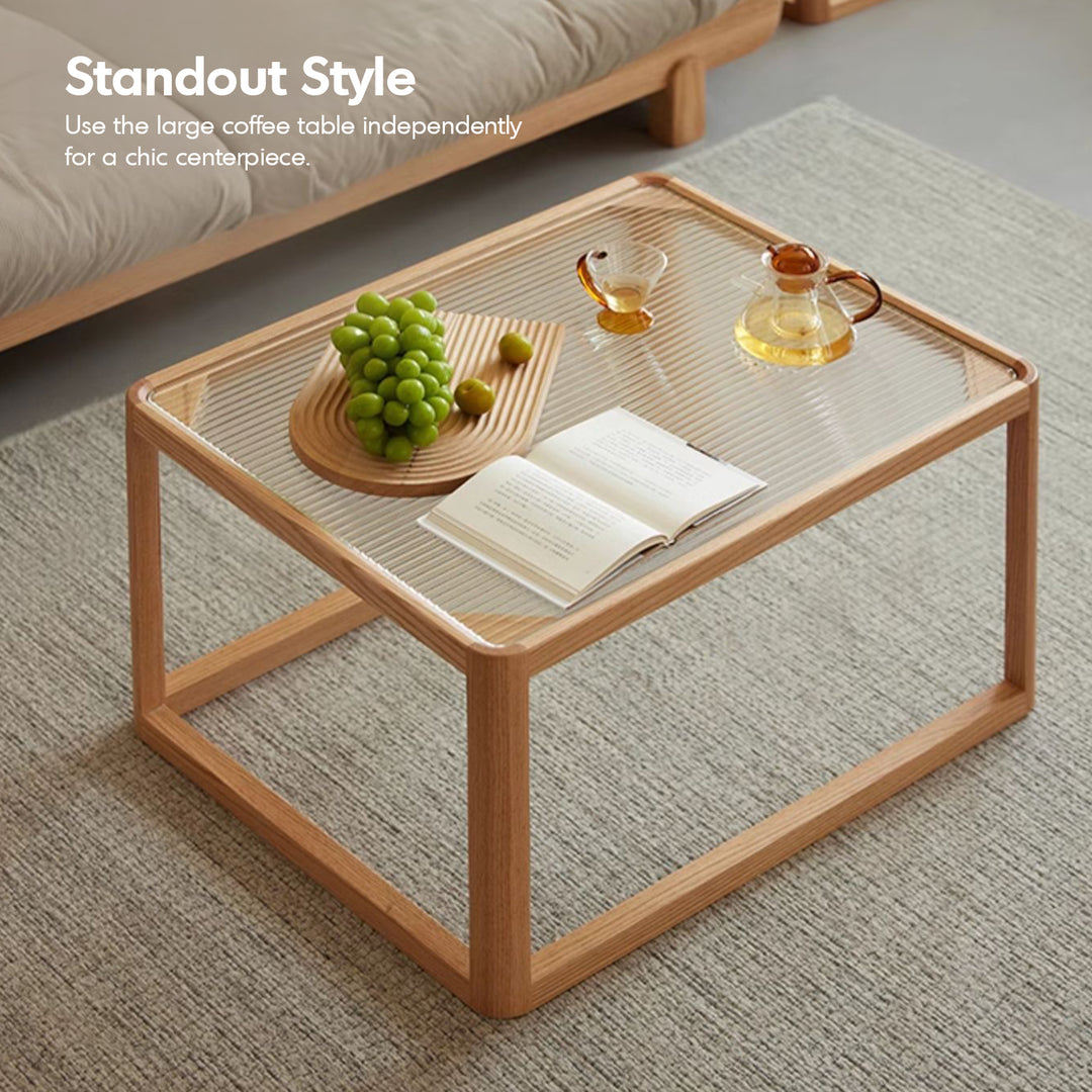 Scandinavian oak wood moru glass coffee table set glint with context.