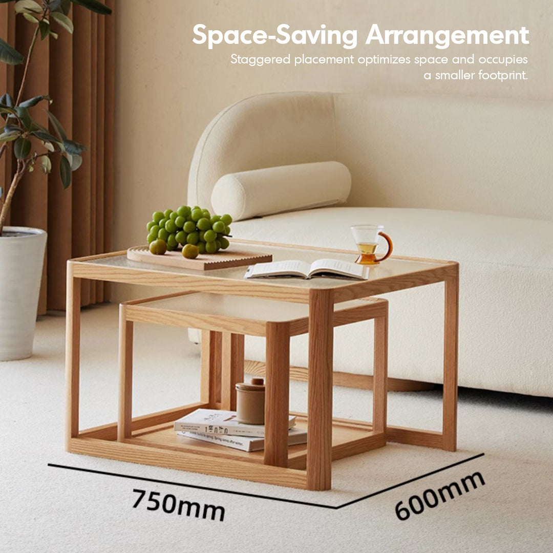 Scandinavian oak wood moru glass coffee table set glint in close up details.