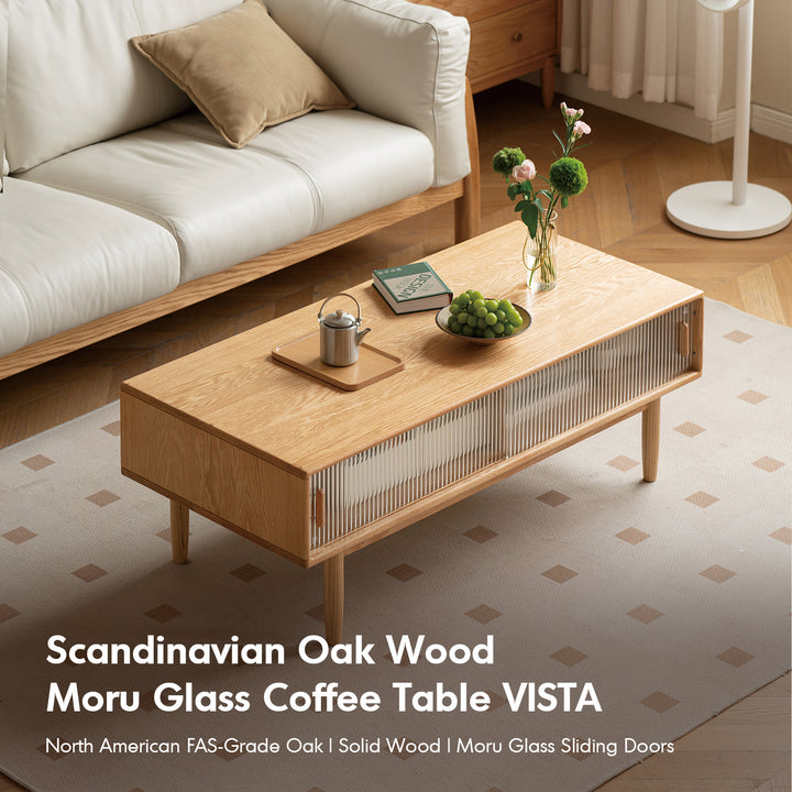 Scandinavian oak wood moru glass coffee table vista in real life style.