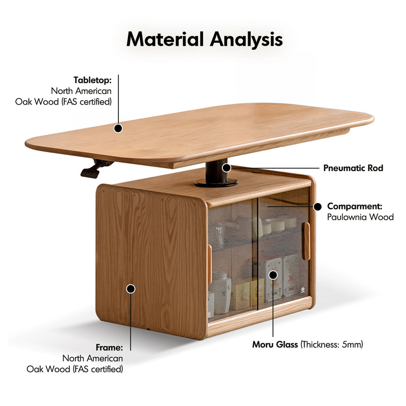 Scandinavian oak wood tempered glass height adjustable coffee table lift detail 5.