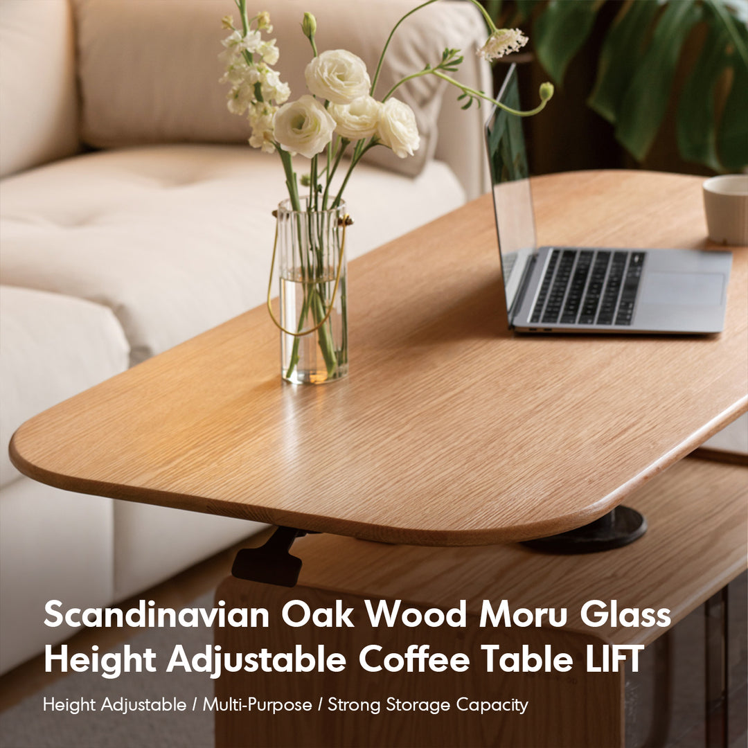 Scandinavian oak wood moru glass height adjustable coffee table lift with context.