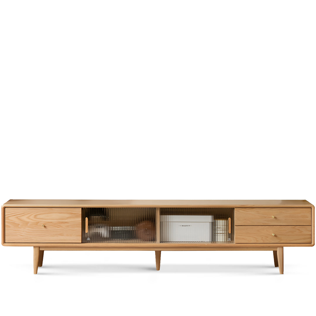 Scandinavian oak wood moru glass tv console vista in white background.