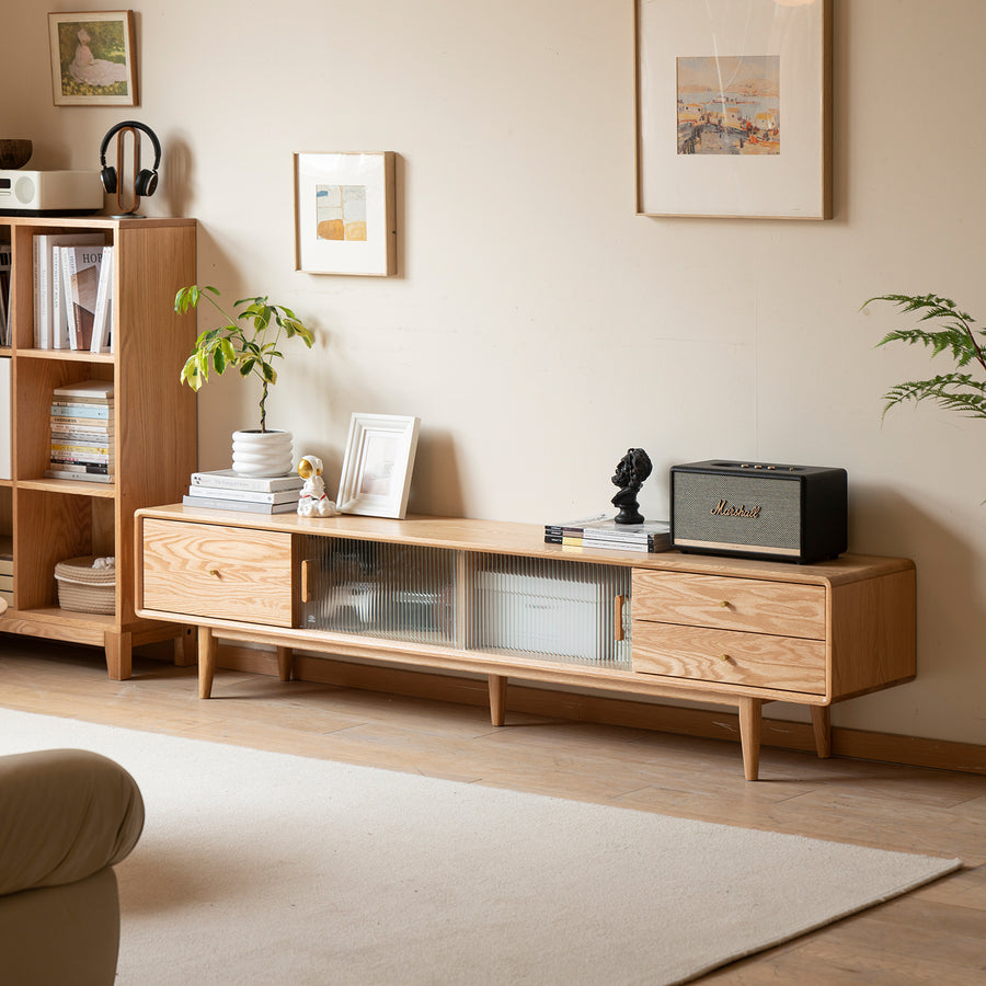 Scandinavian oak wood moru glass tv console vista primary product view.