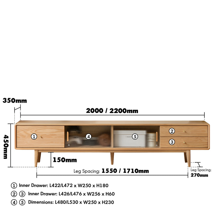 Scandinavian oak wood moru glass tv console vista color swatches.