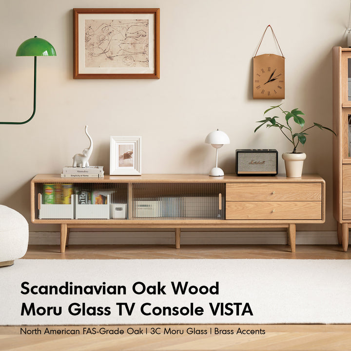 Scandinavian oak wood moru glass tv console vista with context.