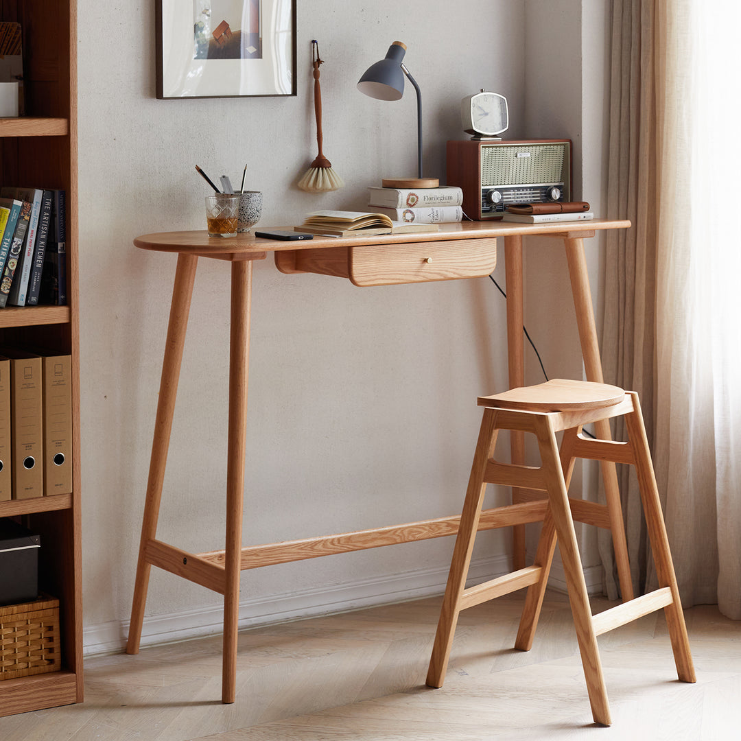 Scandinavian oak wood oval bar table arc detail 7.