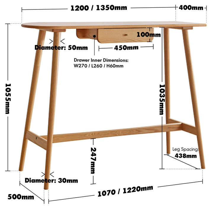 Scandinavian oak wood oval bar table arc size charts.