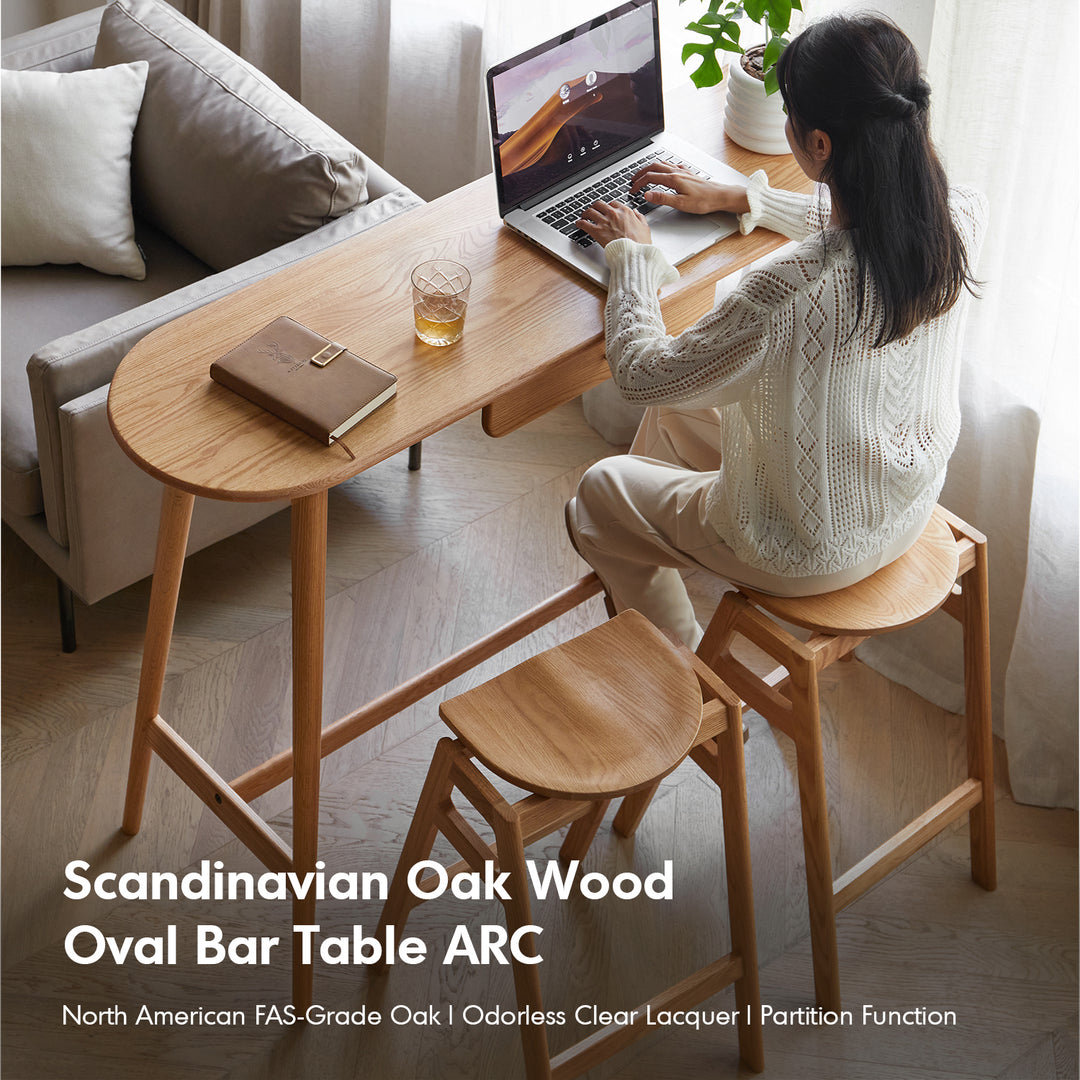 Scandinavian oak wood oval bar table arc material variants.