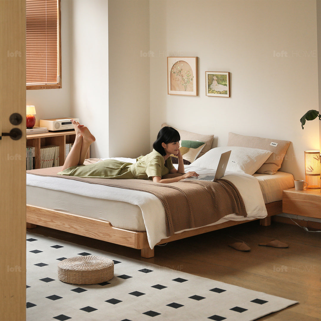 Scandinavian oak wood platform bed eden in real life style.