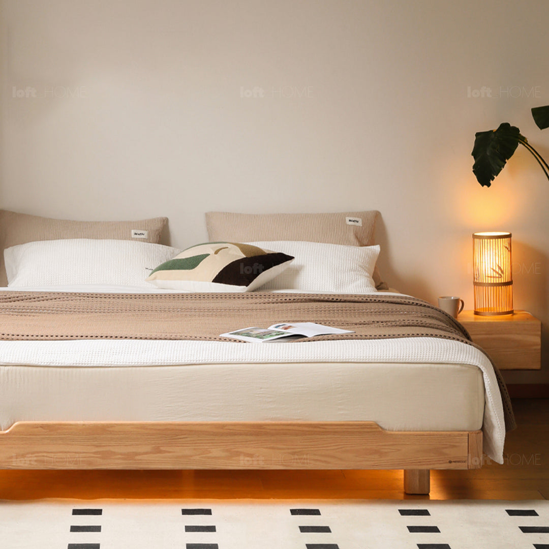 Scandinavian oak wood platform bed eden with context.