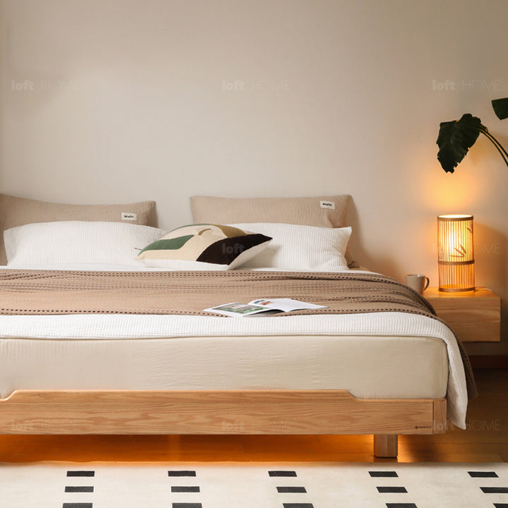 Scandinavian oak wood platform bed eden with context.