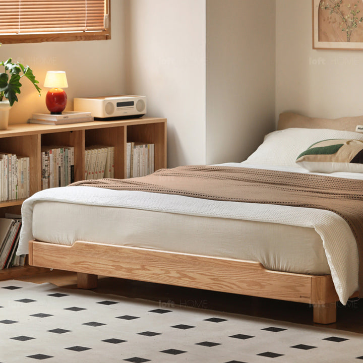 Scandinavian oak wood platform bed eden in close up details.