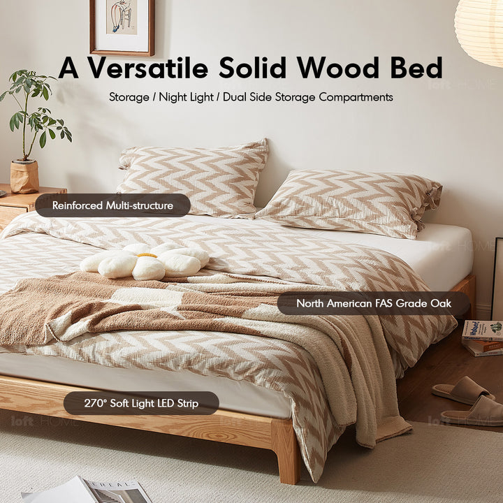 Scandinavian oak wood platform bed etude in details.