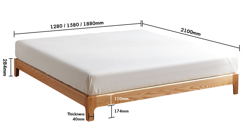 Scandinavian Oak Wood Platform Bed ETUDE Size Chart