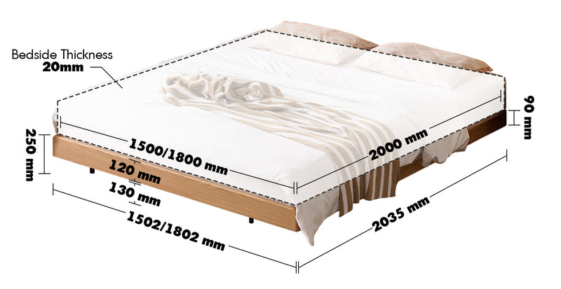 Scandinavian Oak Wood Platform Floating Bed NORA Size Chart