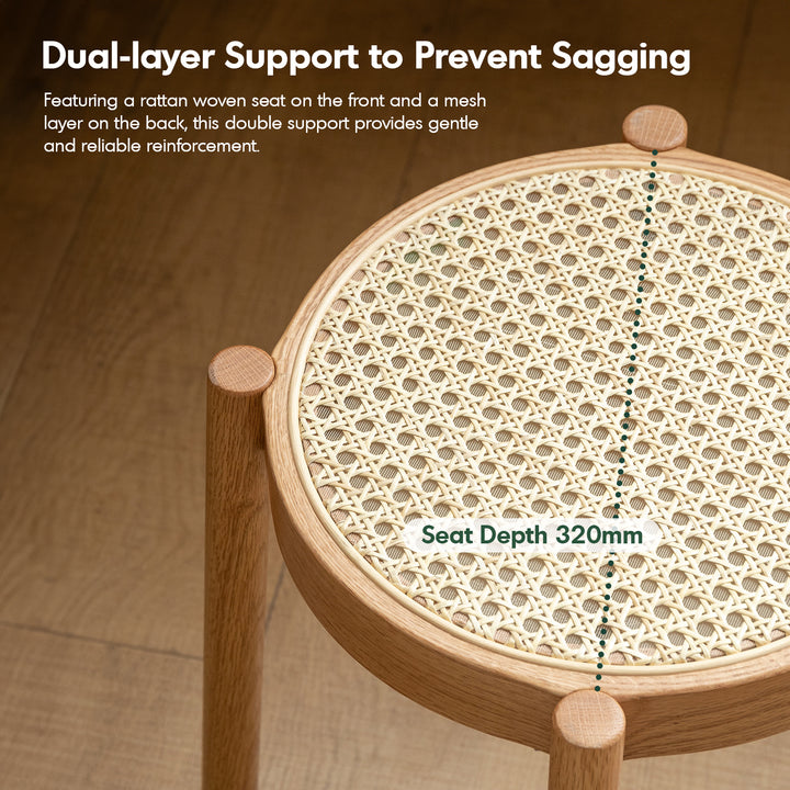 Scandinavian oak wood rattan dining stool tova with context.