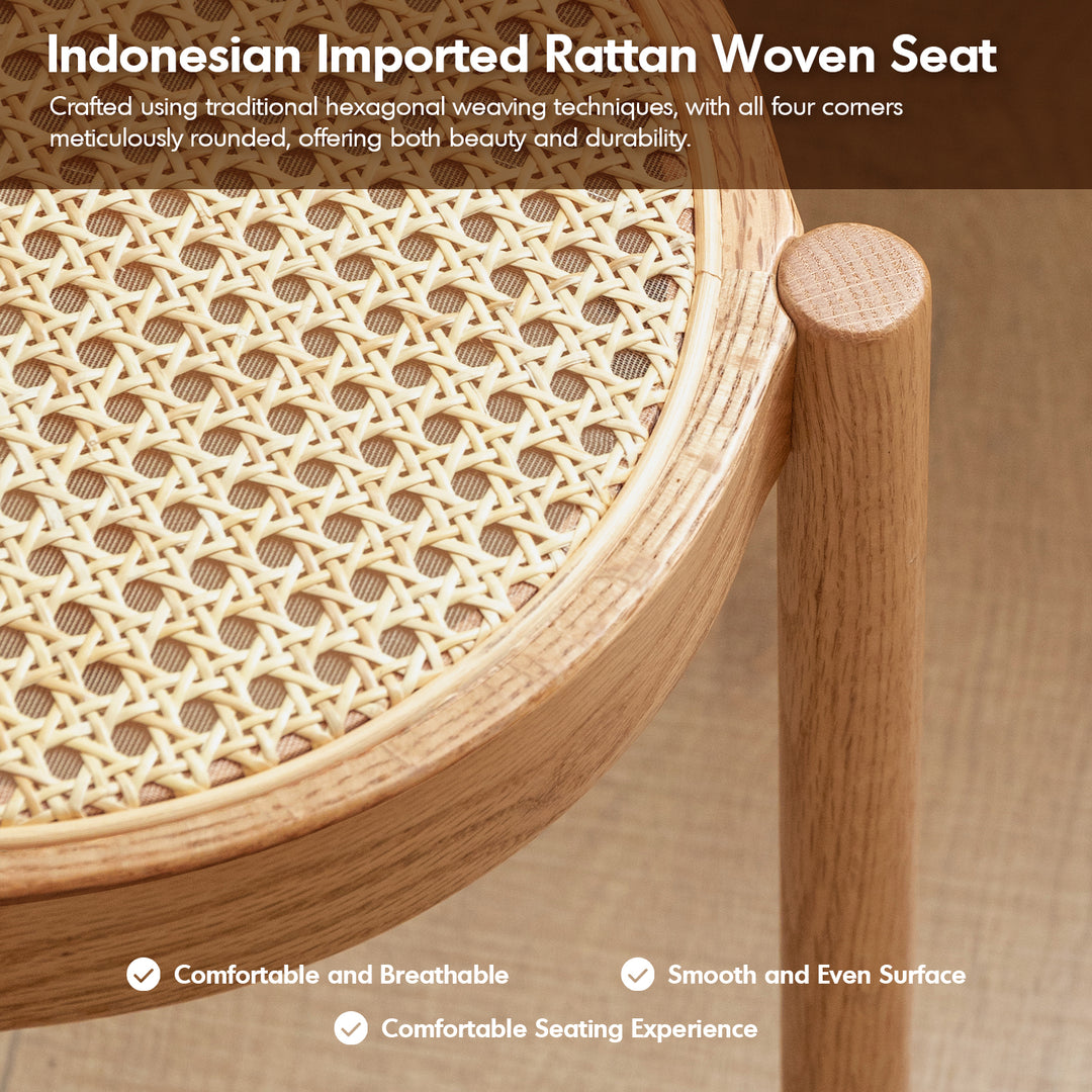 Scandinavian oak wood rattan dining stool tova in details.