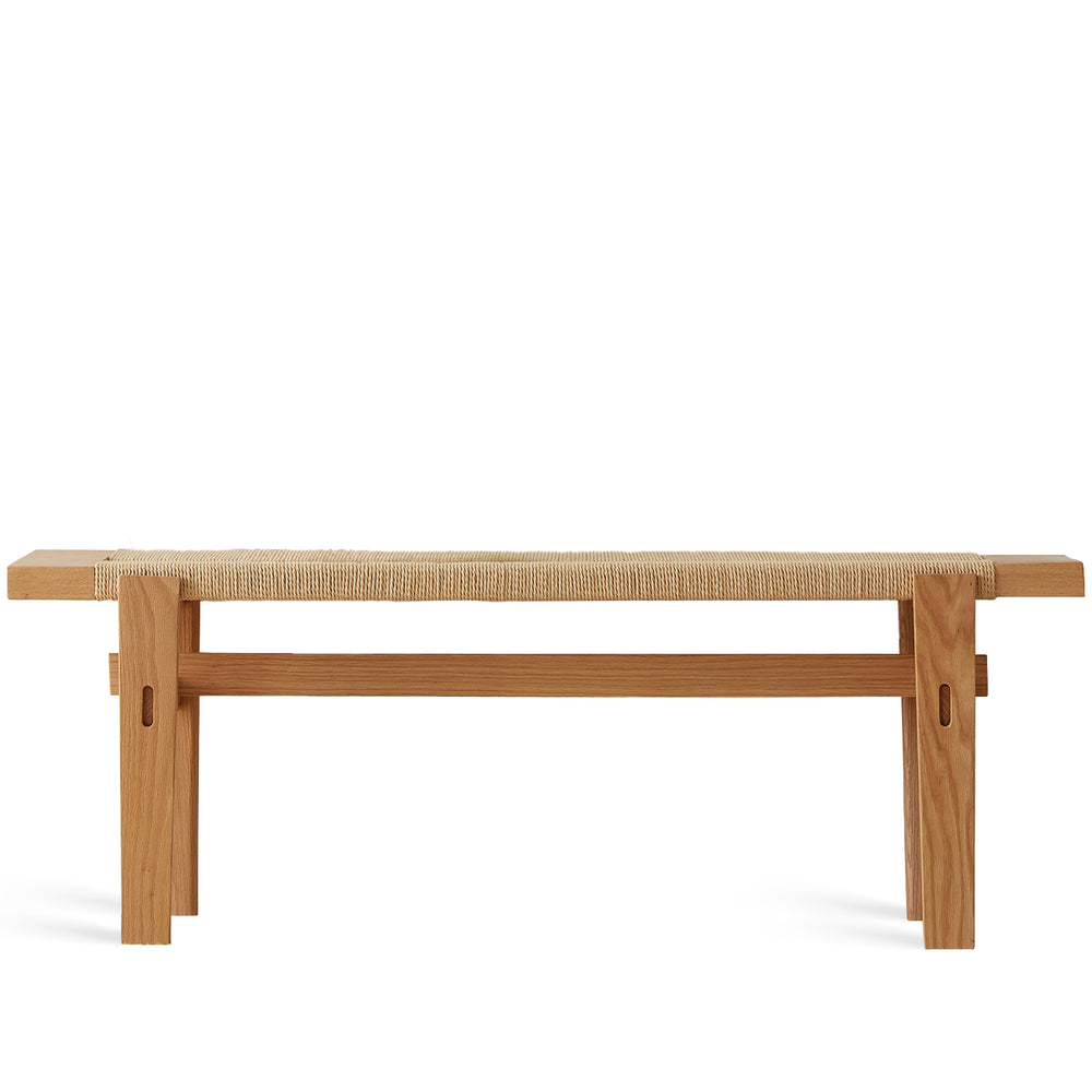 Scandinavian oak wood rope woven bench ora in white background.