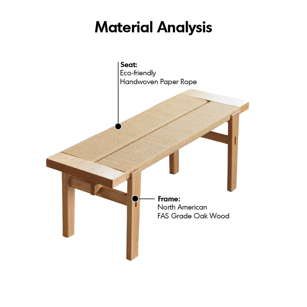 Scandinavian oak wood rope woven bench ora layered structure.