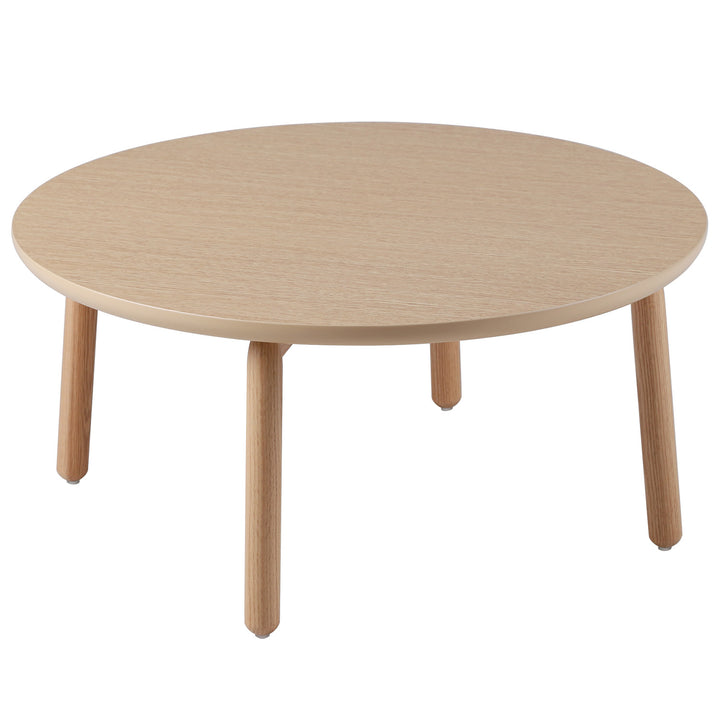 Scandinavian oak wood round coffee table may in white background.