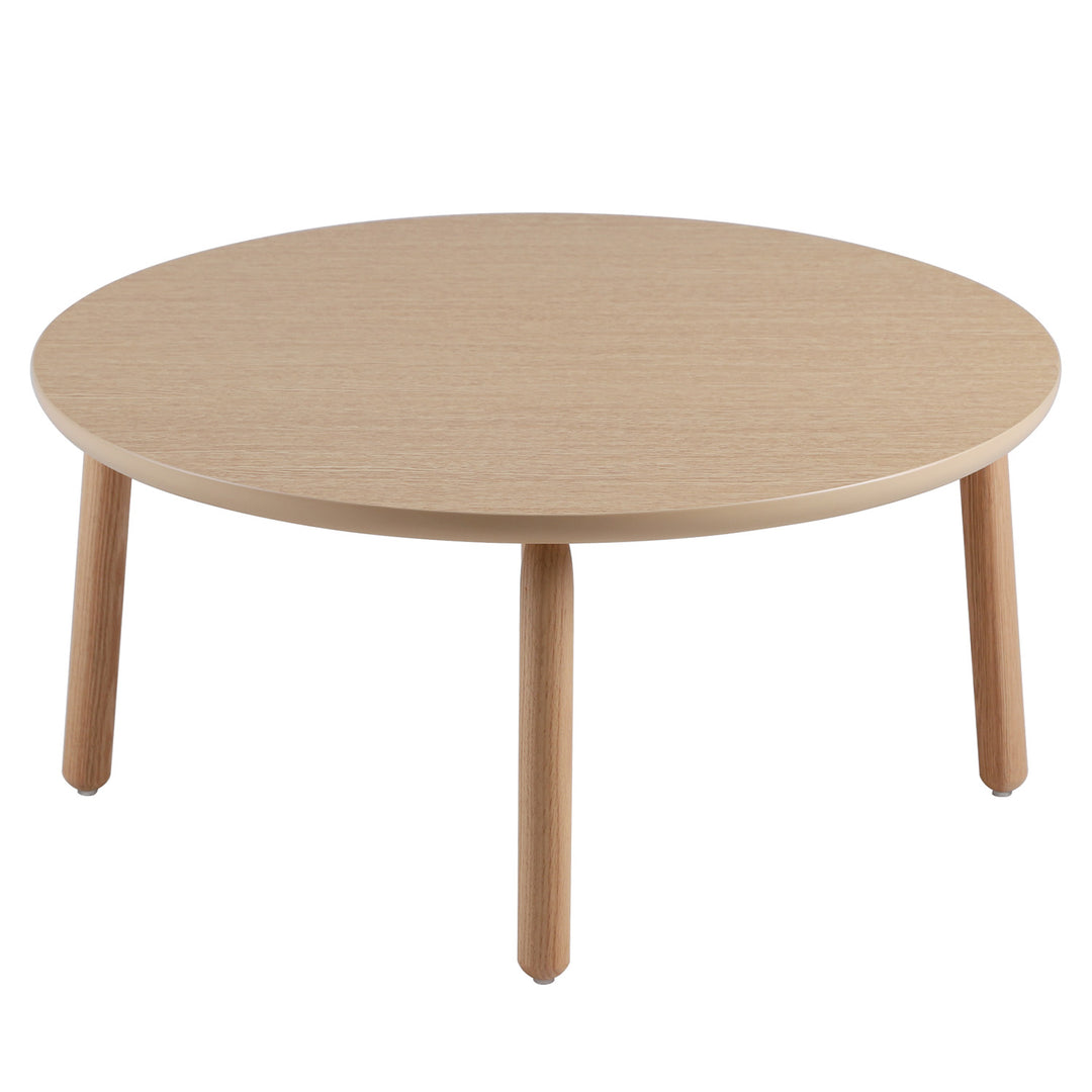 Scandinavian oak wood round coffee table may in details.