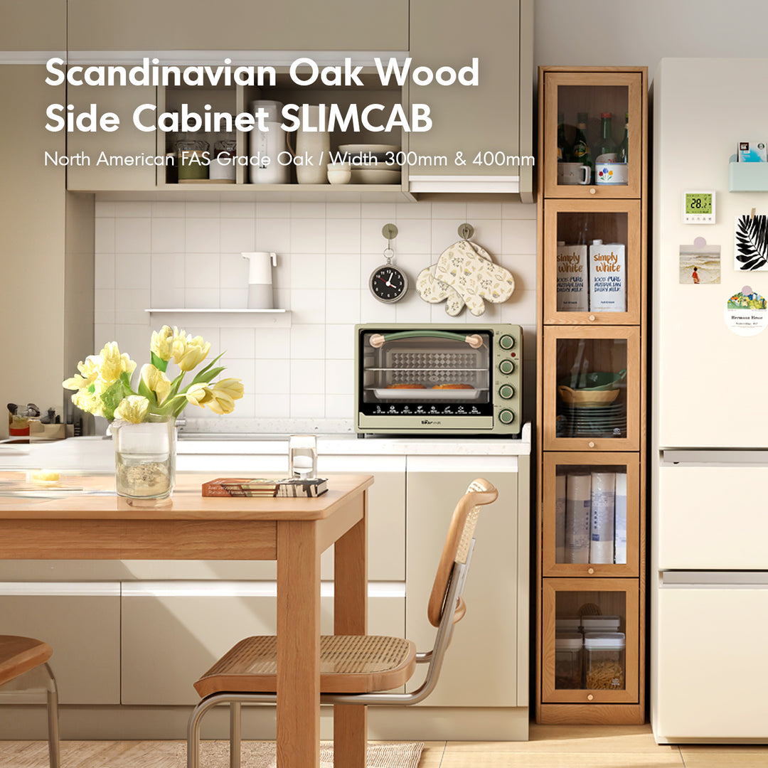 Scandinavian oak wood side cabinet slimcab material variants.