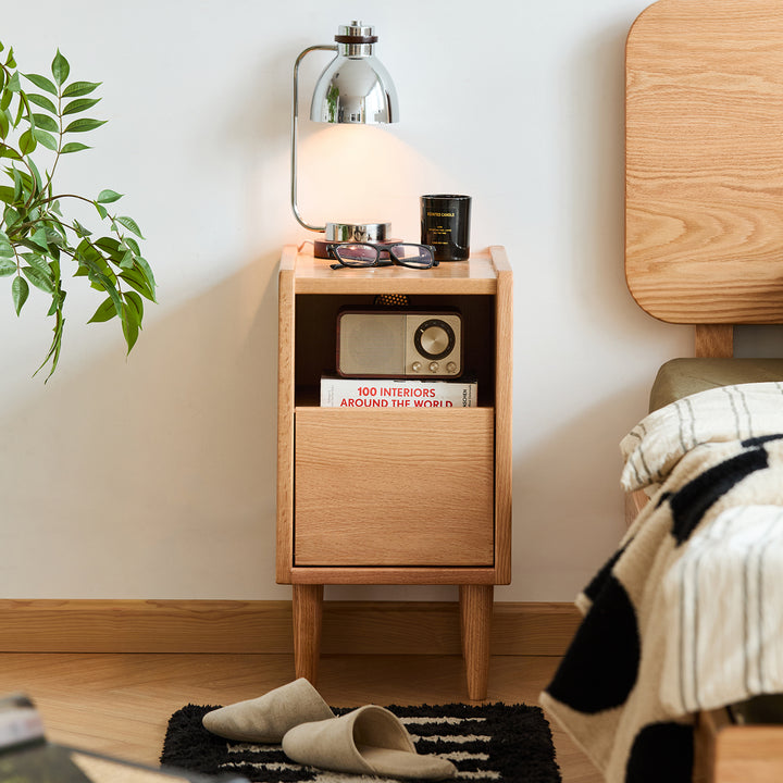 Scandinavian oak wood side table cubo layered structure.