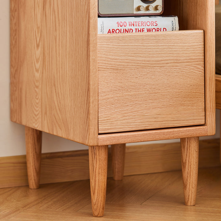 Scandinavian oak wood side table cubo in close up details.