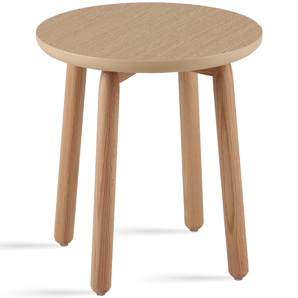 Scandinavian oak wood side table may in white background.