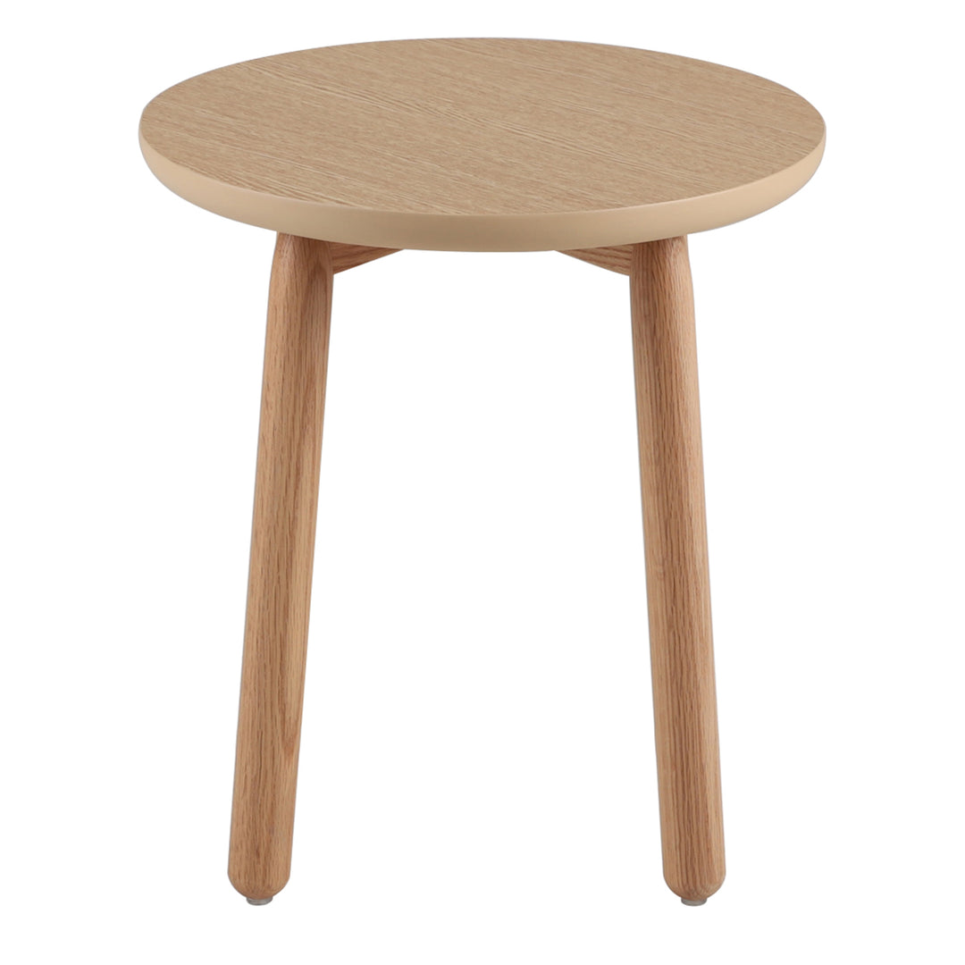 Scandinavian oak wood side table may in panoramic view.