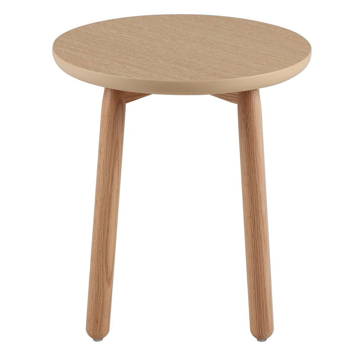 Scandinavian oak wood side table may in panoramic view.