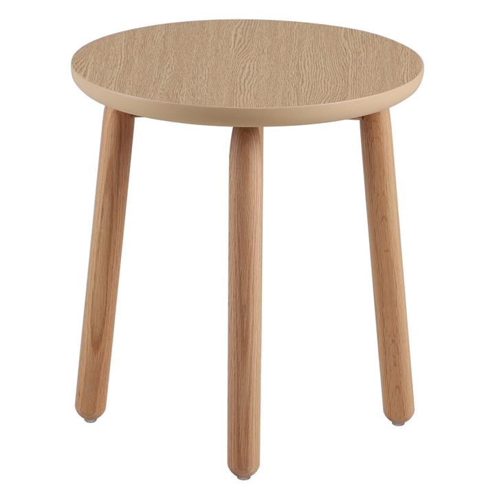 Scandinavian oak wood side table may in close up details.