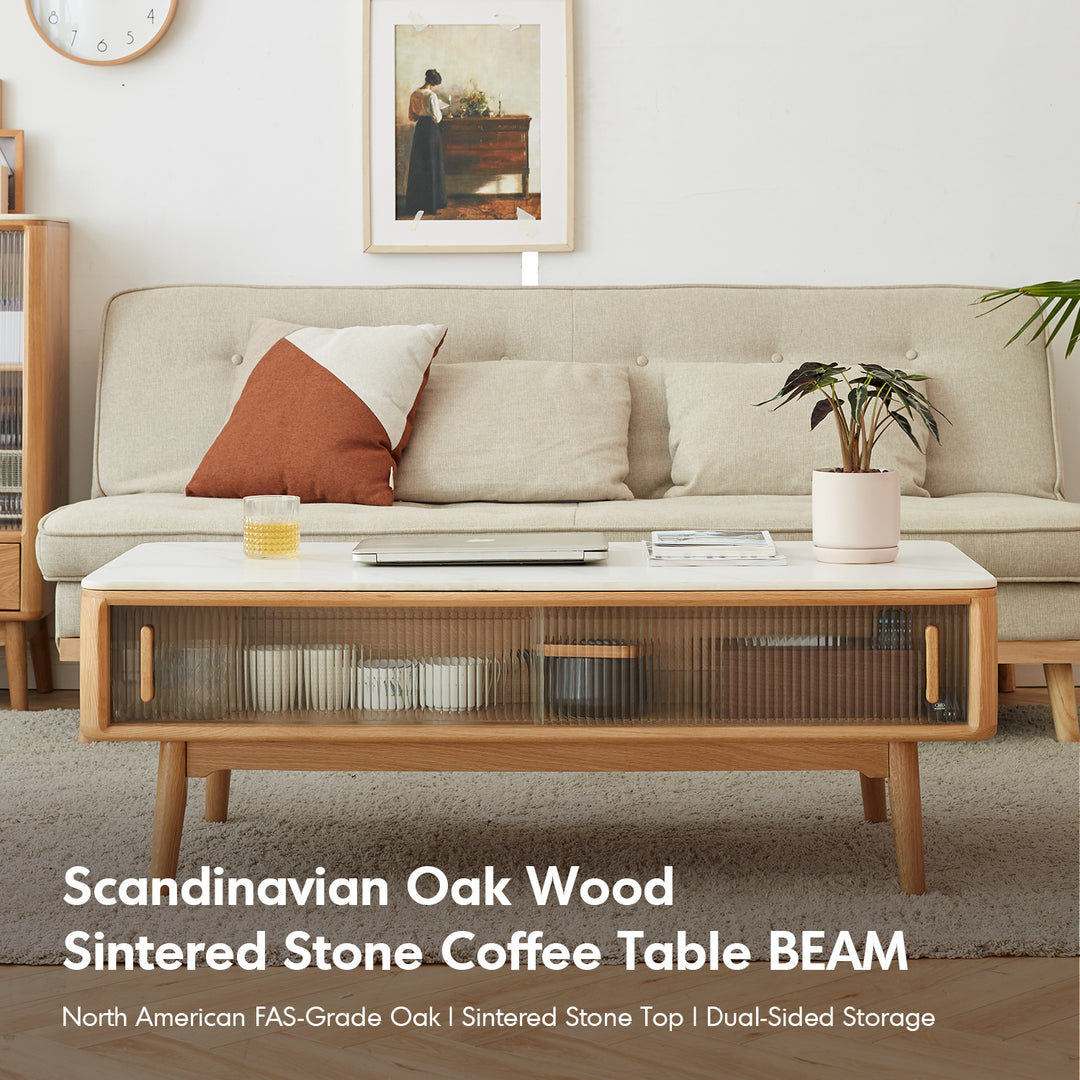 Scandinavian oak wood sintered stone coffee table beam in real life style.