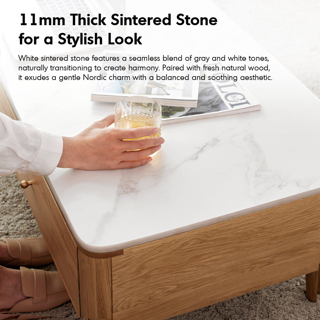 Scandinavian oak wood sintered stone coffee table beam with context.