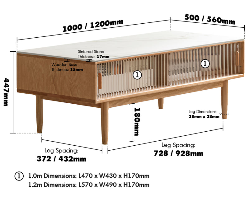 Scandinavian Oak Wood Sintered Stone Coffee Table VISTA Size Chart