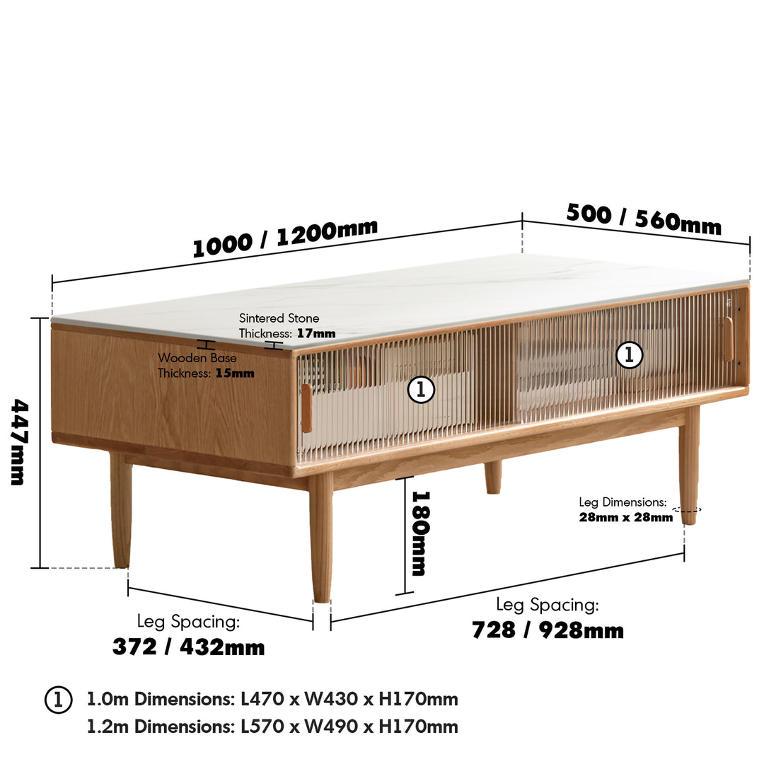 Scandinavian oak wood sintered stone coffee table vista size charts.