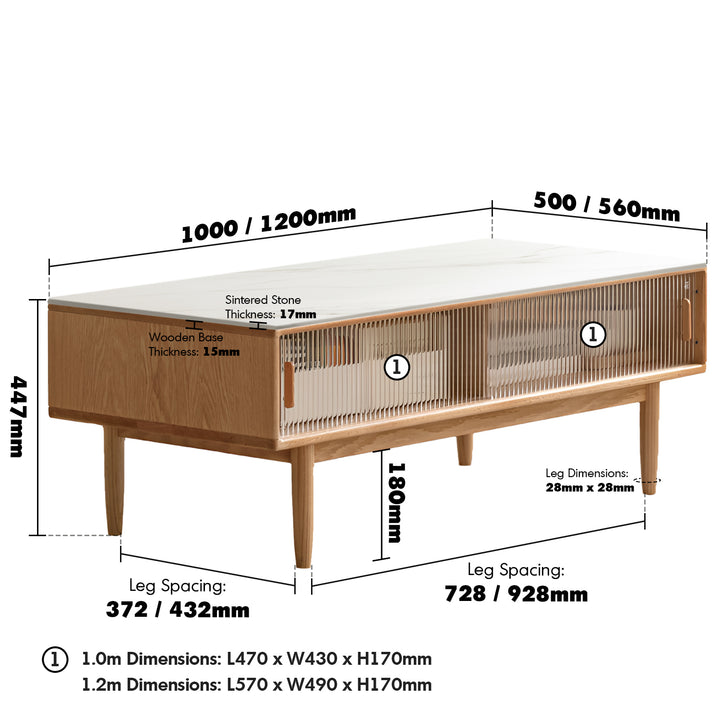 Scandinavian oak wood sintered stone coffee table vista size charts.