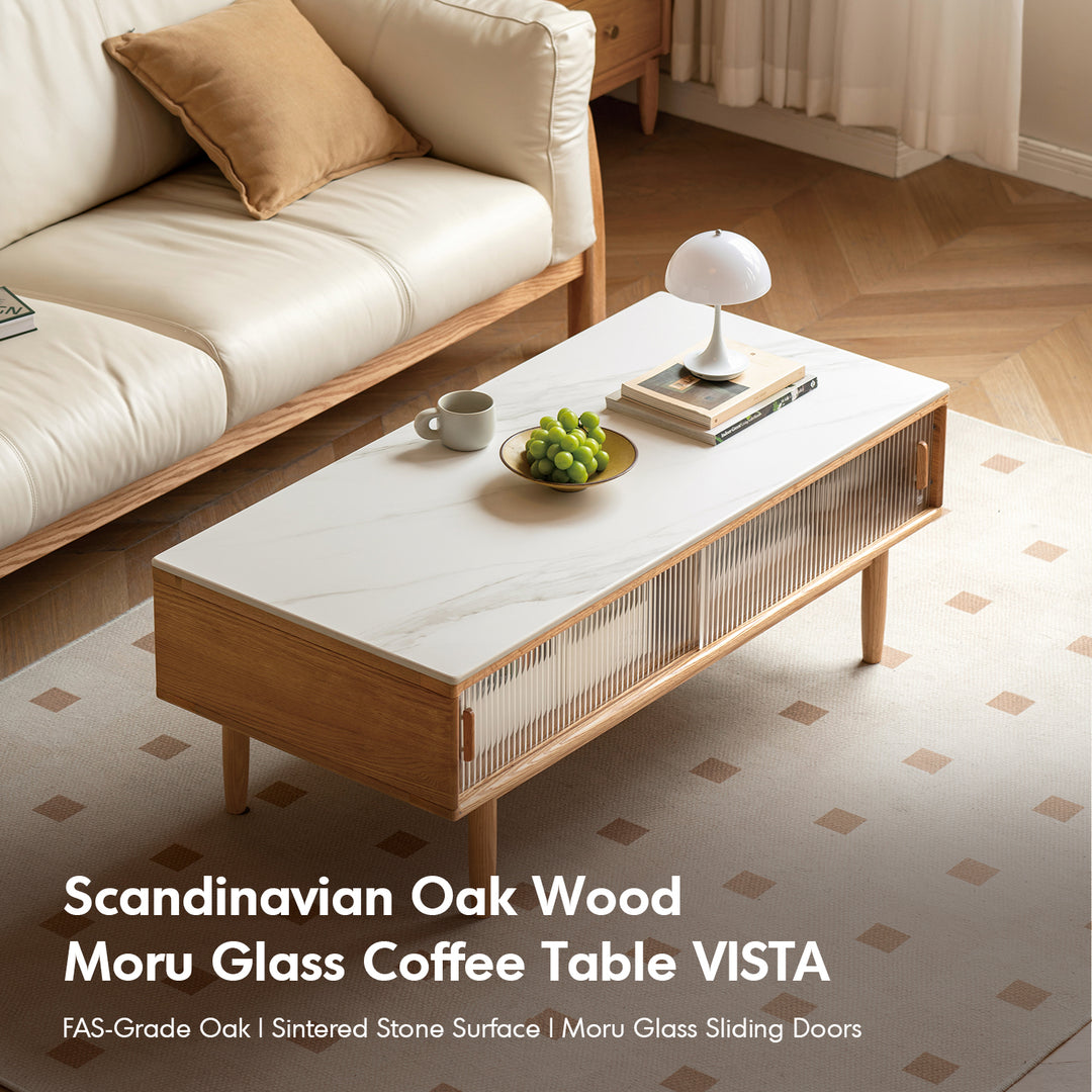 Scandinavian oak wood sintered stone coffee table vista in real life style.