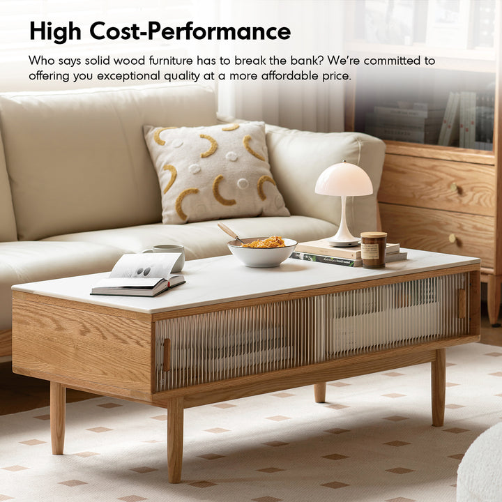 Scandinavian oak wood sintered stone coffee table vista with context.