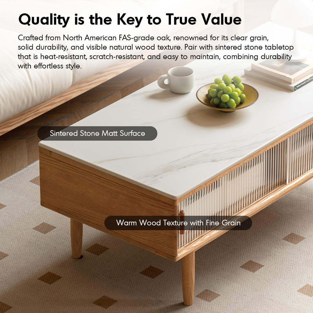 Scandinavian oak wood sintered stone coffee table vista in details.