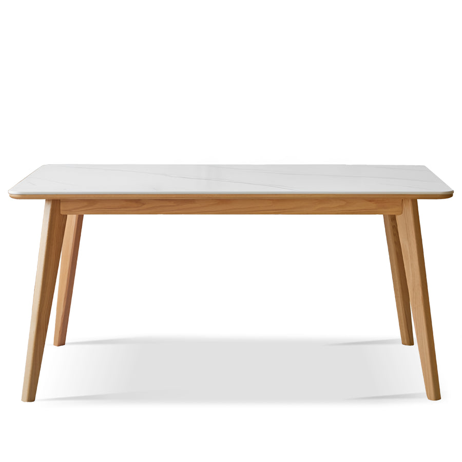 Scandinavian oak wood sintered stone dining table aura in white background.