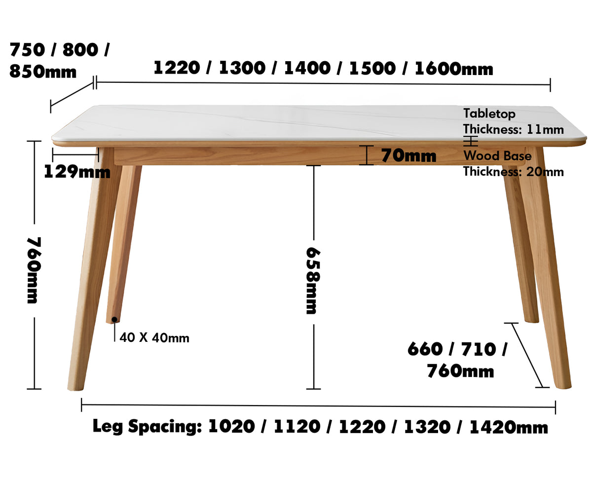 Scandinavian Oak Wood Sintered Stone Dining Table AURA Size Chart